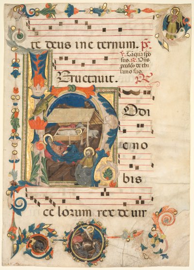 Blad uit een Antifonarium met Geïllustreerde Initiaal H met De Geboorte recto en Muziek verso door Unbekannt