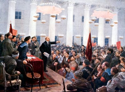 Lenin toespreekt afgevaardigden van het 2e Sovjetcongres, Smolny Paleis, St. Petersburg, 1917 door Unbekannt