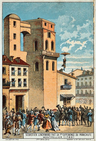 Lenormand springt van de toren van het observatorium van Montpellier, 1783, 19e eeuw door Unbekannt