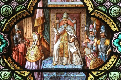 Leo XIII. De bul van de rozenkrans. Glas-in-loodraam. Heiligdom van Onze-Lieve-Vrouw van La Salette, La Salette-Fallavaux, Frankrijk door Unbekannt