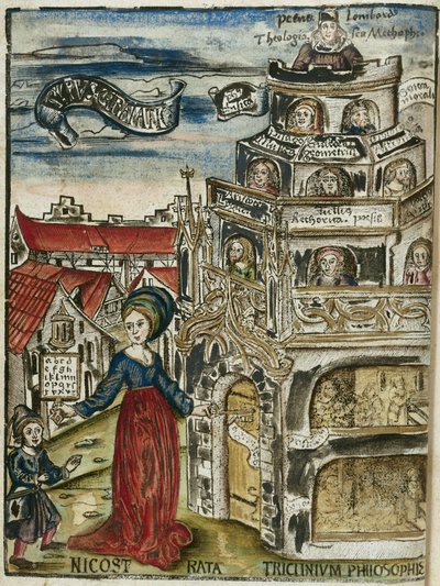 De vrije kunsten, grammatica: Nicostrata (ook wel Carmenta genoemd), met een hornbook, handboek voor onderwijs (hier, een ABC-boek) en een sleutel, die de deur van de toren van leren opent voor een kind door Unbekannt