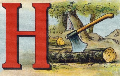 Letter H: bijl. Gravure in "Alphabet de ma petite fille". Bernardin-Bechet en Fils, boekverkopers-uitgevers, Parijs, rond 1895. Onbreekbaar album op canvas. Bibliotheque des Bebes. 12 pagina