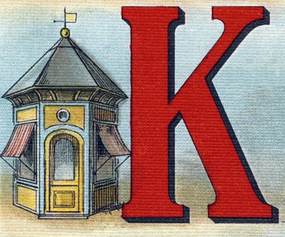 Letter K: kiosk. Gravure in "Alphabet de ma petite fille". Bernardin-Bechet en Fils, boekverkopers-uitgevers, Parijs, rond 1895. Onbreekbaar album op canvas. Bibliotheque des Bebes. 12 pagina