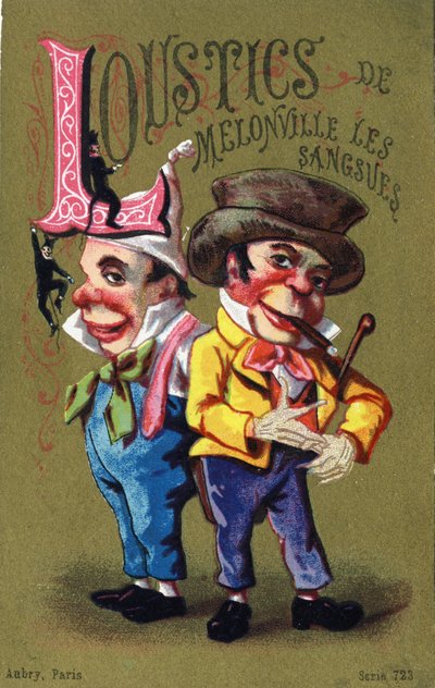 Letter L: Melonville Loustics bloedzuigers. Gravure in "Alphabet des grotesques". Serie van 25 reclamechromolithografieën op een gouden achtergrond, eind 19e eeuw. door Unbekannt