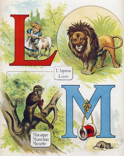 Letter L en M: lam en leeuw, makaak, mouw en musette. Gravure in "ABC L
