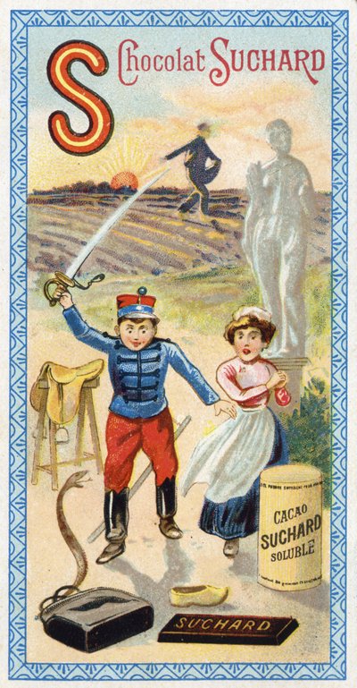 Letter S: zon, zaaien, zaaier, dienaar, verbazing, soldaat, zwaard, zadel, slang, standbeeld, hoef, zak. Gravure van het alfabet uitgegeven door Chocolat Suchard, begin 20e eeuw door Unbekannt