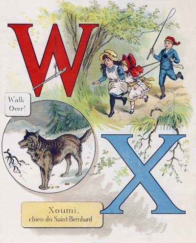 Letter W en X: Wandelen en Xoumi, hond van Sint Bernard. Gravure in "ABC L