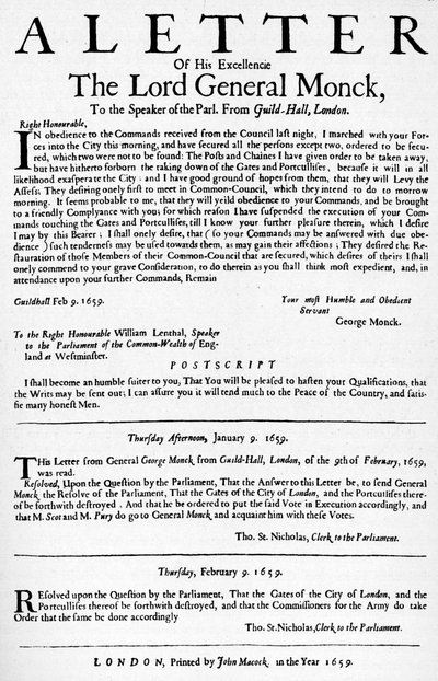 Brief van generaal Monck aan de voorzitter van het Lagerhuis, 1659 door Unbekannt