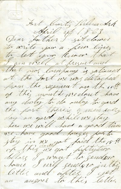 Brief ondertekend door David T. Massey, Fort Curtis, Helena, Ark., aan zijn vader (Nathan Massey), 21 april 1863 door Unbekannt