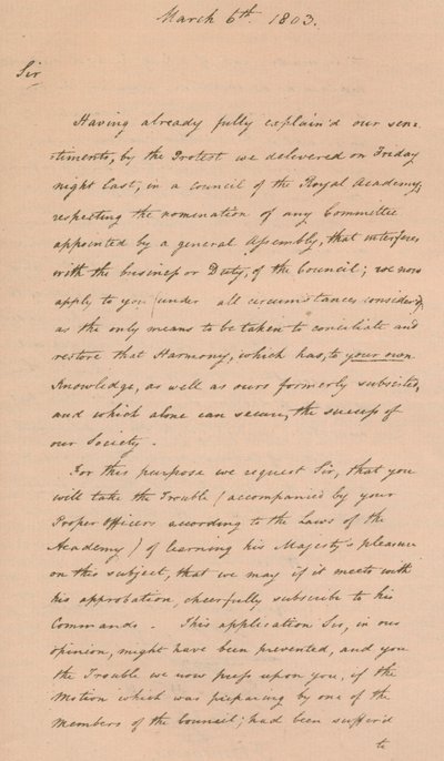 Brief aan Benjamin West, President van de Royal Academy, 1803 door Unbekannt