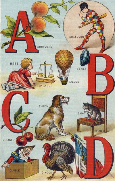 Letters A B C D; Abrikozen; Harlekijn; Weegschaal; Ballon; Bebe; Kersen; Kat Stoel; Hond; Deken; Duivel; Kalkoen; Vlag. Gravure in "Alphabet de ma petite fille". Bernardin-Bechet en Fils, boekverkopers-uitgevers, Parijs, rond 1895. Onbreekbaar album op can door Unbekannt