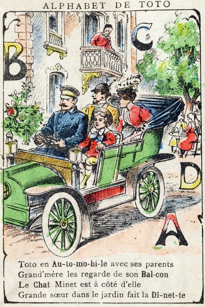 Letters A B C D Auto Balkon Kat Dinette. Gravure in "Alphabet de Toto", eind 19e eeuw. Pont-a-Mousson beeldmateriaal. Louis Vagne, drukker-uitgever. door Unbekannt