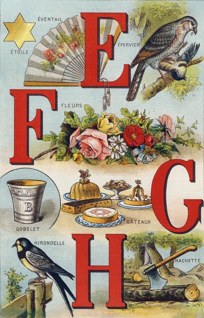 Letters E F G H; Zwaluw; Waaier; Bloemen; Taarten; Beker; Hachette; Zwaluw. Gravure in "Alphabet de ma petite fille". Bernardin-Bechet en Fils, boekverkopers-uitgevers, Parijs, rond 1895. Onbreekbaar album op canvas. Bibliotheque des Bebes. 12 pagina