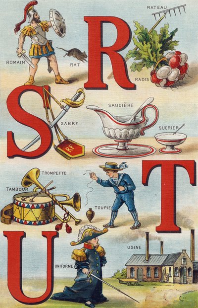 Letters R S T U; Radijs Hark; Romeins; Sabel; Sauskom Suiker; Trompet trommel; Tol; Uniform; Fabriek. Gravure in "Alphabet de ma petite fille". Bernardin-Bechet en Fils, boekverkopers-uitgevers, Parijs, rond 1895. Onbreekbaar album op canvas. Bibliotheque  door Unbekannt