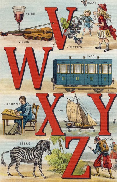 Letters V W X Y Z; Stuurwiel; Wagen; Xylografie; Jacht; Zebra; Zouaaf. Gravure in "Alphabet de ma petite fille". Bernardin-Bechet en Fils, boekverkopers-uitgevers, Parijs, rond 1895. Onbreekbaar album op canvas. Bibliotheque des Bebes. 12 pagina