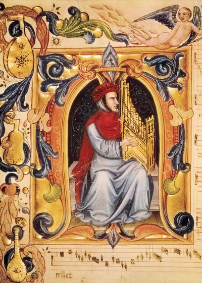 Lettrine met een man en een orgel die een partituur beginnen uit de Codex Squarcialupi (door Antonio Squarcialupi) door Unbekannt