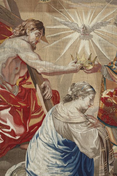 Leven van de Maagd: "De Kroning van de Maagd" Detail met Jezus en de Duif van de Heilige Geest (Heilige Geest) boven de Maagd - Wol- en zijden tapijt gemaakt in de werkplaats van Pierre Damour naar tekeningen van Charles Poerson (1609-1667) door Unbekannt