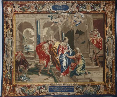 Leven van de Maagd: "De Visitatie" het bezoek van Maria aan Elisabeth, Jozef en Zacharias achter hen - Wol- en zijden tapijt gemaakt in de werkplaats van Pierre Damour naar tekeningen van Charles Poerson (1609-1667) door Unbekannt