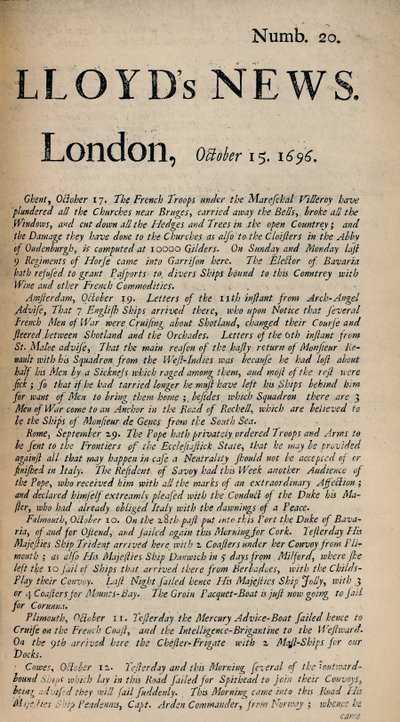Lloyds Nieuws. Londen, 15 oktober 1696 - Numb. 20, 1928 door Unbekannt