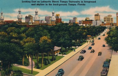 Kijkend naar het oosten op Lafayette Street, Tampa University en skyline, Tampa, Florida, ca. 1940s door Unbekannt