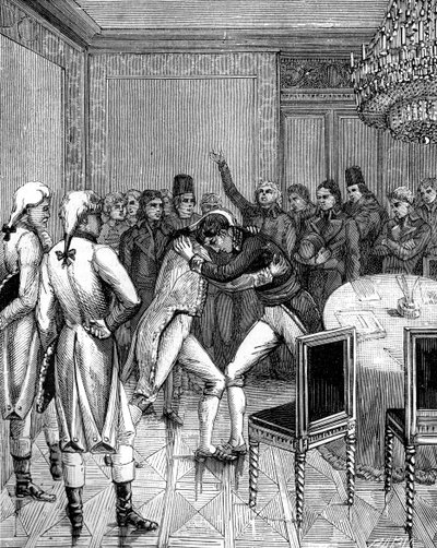 Lord Cornwallis en Joseph Bonaparte omhelzen elkaar in Amiens, Frankrijk, 1802 door Unbekannt