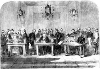 Lord Elgin ondertekent het Verdrag van Tainjin om de Tweede Opiumoorlog te beëindigen, 1858 door Unbekannt