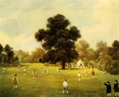 Heren en edelen van Surrey en Kent spelen cricket in Knole Park, Kent, 1775, 1947 door Unbekannt
