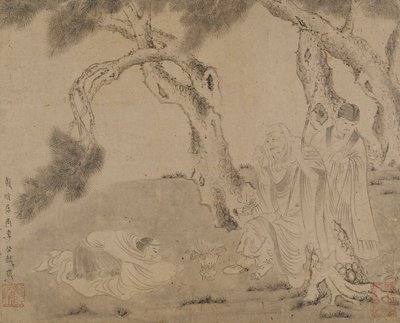 Luohan, bediende en aanbidder onder dennen, Yuan of Ming-dynastie door Unbekannt