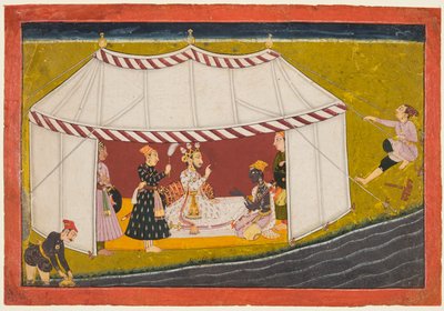 Madhava in een tent voor een heerser, uit een Madhavanala Kamakandala serie, ca. 1700 door Unbekannt