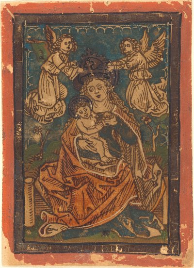 Madonna en Kind zittend op een grasrijke oever met engelen, 1480-1490 door Unbekannt