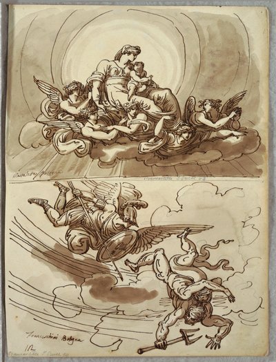 Madonna en kind in glorie, studie naar Mastelletta; Engel Gabriel verdrijft Lucifer uit de hemel, studie naar Marcantonio Franceschini door Unbekannt