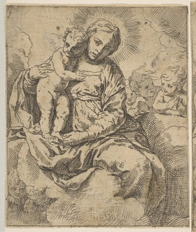 Madonna en Kind zittend op wolken en omringd door engelen, kopie in omgekeerde richting, ca. 1639 of later door Unbekannt
