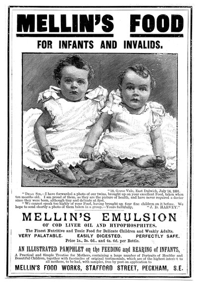 Tijdschriftadvertentie voor Mellins Emulsion, een voedingssupplement op basis van levertraan, ca. 1890 door Unbekannt