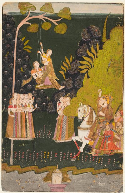 Maharaja Abhai Singh, te paard, kijkt naar meisjes die schommelen op het Teej-festival, ca. 1740 door Unbekannt