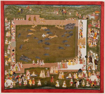 Maharaja Sangram Singh en zijn hofhouding observeren een gevecht tussen tijgers en zwijnen in Sadri, ca. 1720 door Unbekannt
