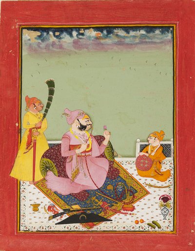 Maharao Ajit Singh op een terras met zoon en bediende door Unbekannt