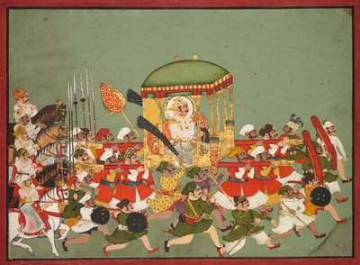Maharao Chattar Sal regeerde 1758-64 van Kota in een draagstoel, c. 1760 door Unbekannt