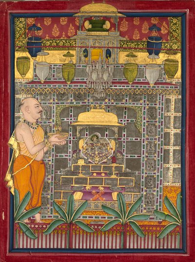 Maharao Kishor Singh gekleed als een Vallabha priester die Krishna aanbidt als Brijrajji, midden 1800s door Unbekannt