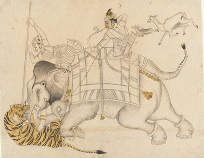 Maharao Shatru Sal II jaagt op een tijger door Unbekannt