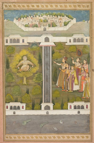Mahliqa, Dochter van de Keizer van China, wijzend naar de Vogelman Khwaja Mubarak...verso, ca. 171 door Unbekannt