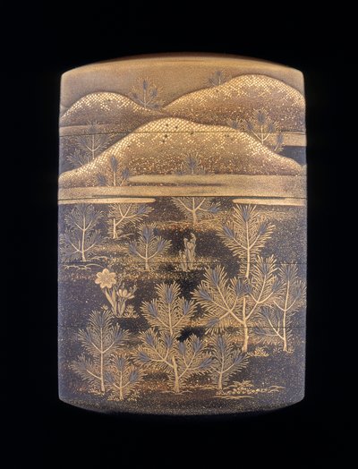 Makie lak inro versierd met gestileerde pijnbomen en heuvels, late Edo-periode, Japan, 1750-1850 door Unbekannt