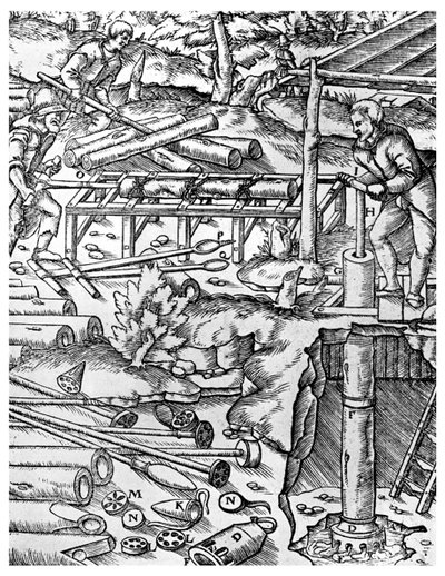 Het maken en gebruiken van iepenhouten pompen om mijnen te draineren vóór de tijd van de stoommachine, 1556, 1956 door Unbekannt