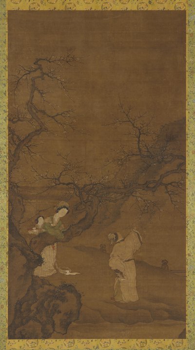 Man en vrouw genieten van pruimenbloesems, Ming of Qing-dynastie, 15e-18e eeuw door Unbekannt