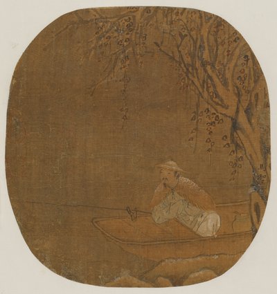 Man die vist vanuit een boot onder een boom, Mogelijk Ming-dynastie, 1368-1644 door Unbekannt
