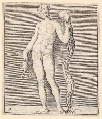 Man met rivierkreeft en urn van water, gepubliceerd ca. 1599-1622 door Unbekannt