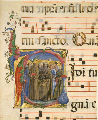 Manuscriptverlichting met alle heiligen in een initiaal V, uit een antifonarium, Italiaans, 1450-60 door Unbekannt