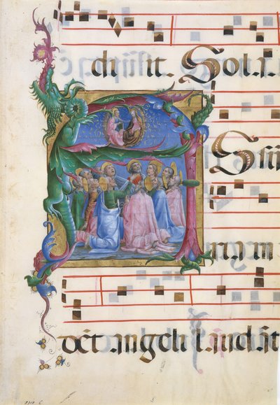 Manuscriptverlichting met de tenhemelopneming van de Maagd in een initiaal A..., Italiaans, 1450-60 door Unbekannt