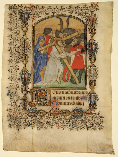 Manuscriptblad uit een getijdenboek met een verlichte initiaal D en Christus..., 1390-1400 door Unbekannt