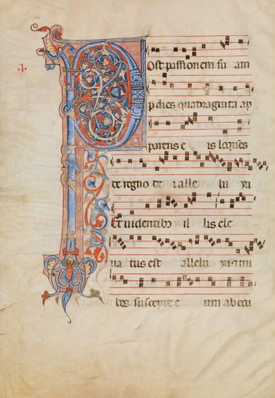 Manuscriptblad met Gebladerde Initiaal P, uit een Antifonarium, Italiaans, ca. 1250-60 door Unbekannt
