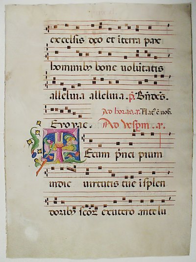 Manuscriptblad met initiaal T, uit een antifonarium, Italiaans door Unbekannt